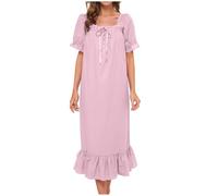 WWricotta Women's Nightgown Cotton Sleepwear Long Loungewear Short Sleeve Vintage Womens Sleep Wear Polyester Spandex Night Gowns Pink
