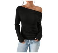 WWricotta Women's Sexy Off Shoulder Tops Long Sleeve Asymmetrical Slim Fit Going Out Fall Blouse Ruched Tight Shirts Wide Sleeve Tops Women