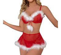 WWricotta Women's Sexy Santa Christmas Lingerie Set with Garter Belts Lace Teddy Bodysuit Silk Lingerie Dress for Women Red