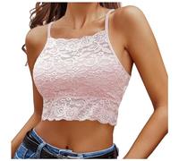 WWricotta Women's Solid Color Lace Crop Top Compression Top Women Crop Dainty Floral Top