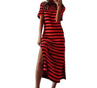 WWricotta Womens Summer Stripe Maxi Dress Short Sleeve V Neck Casual Loose Long Beach Split Dresses Chiffon Maxi Dress Ladies Midi Dress Red