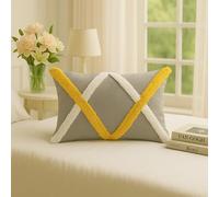 WWW.THROWPILLOW.IN Grey Cushion Cover with Yellow & White Criss-Cross Tufted Pattern, Premium Decor Fabric, Designer Piece for Modern Contemporary Decor Rectangular Full Body Bed Pillow 12x36 Inches
