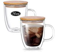 Wwyybfk Double Wall Glass Coffee Mugs, 16oz Insulated Glass Espresso Mugs Cups with Handle Lid (Set of 2) for Cappuccino, Latte,Tea (455ml)