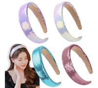 WWZ889 4 Pieces Glitter Beaded Sequins Sparkling Wide Stiff Headband for Girls and Women, 1.3 Inch Wide Padded Hairband Fashionable Cute Kids Daily Accessory