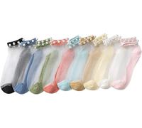 WWZ889 5/10 Pairs of Transparent Beaded Socks Tulle Summer Lady Lace Stretch Slim Socks (5 Pairs - Random Colour), silver, 10