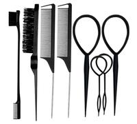 WWZ889 8Pcs Black Hair Brushes Set with 4Pcs Topsy Tail Tools, Teasing Bristle Brush, Edge Control Brush, and 2Pcs Metal Pin Rat Tail Combs for Women's Hair Styling and Brushing