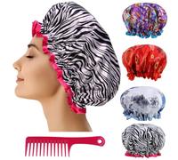 WWZ889Reusable Shower Cap Women Hair - (Pack of 4) Lined Plastic Showercap Waterproof Bath Hat Hair Cover Caps Bundled with 1 Detangling Comb for all Hair Lengths and Thicknesses