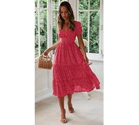 Wxbc Print Puff Sleeve summer Beach sweet dresses Casual Square collar floral maxi long dress 2022-Red,S