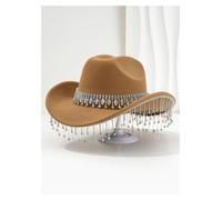 WXBCDS Bride Cowboy Hat Women's Wide Brim Felt Bridal Top Hat | Round Gem Tassel Rhinestone Cowboy Hats