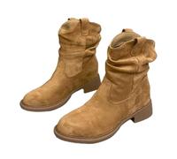 WXDTW Cowgirl Booties for Women, Non-Slip Suede Low Heel Mid Calf Boots Women's Autumn Winter Casual Western Ankle Boots (Khaki,3.5)