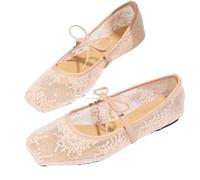 WXDTW Embroidered Lace Mesh Ballet Flats,Women's Elegant French Style Fairy Square Toe Mary Janes Comfortable Non Slip Slip-on Office Daily Dress Shoes (3,Pink)