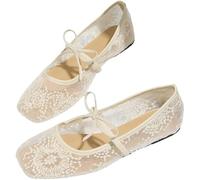 WXDTW Embroidered Lace Mesh Ballet Flats,Women's Elegant French Style Fairy Square Toe Mary Janes Comfortable Non Slip Slip-on Office Daily Dress Shoes (3,White)