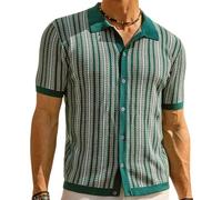 WXDTW Men's Vintage Knit Polo Shirts Retro Striped Button Down Shirts Summer Breathable Short Sleeve Knitted Polo Sweater Golf Tops (Green,M)