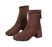 WXDTW Square Toe Boots for Women Vintage High Chunky Heels Back Zipper Booties Casual Non-Slip Solid Suede Ankle Boots (Brown,3.5)