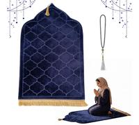 Wxeadu Prayer Mat with Prayer Beads, Flannel Irregular Prayer Matwith Tassels, Premium Soft Muslim Praying Mat, Ottoman StylePrayer Rugs for Daily Salah, Meditation, Ramadan Gift (Deep Blue)
