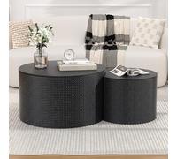 WXFKLDJ Nesting Coffee Table Set of 2 with Storage, Round Faux Leather Coffee Table, Ottoman Style with Cover, Small Coffee Tables, Sofa Side Living Room Bedroom Coffee Side Table,Black