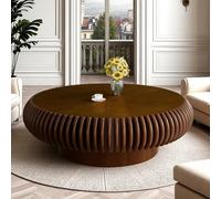 WXFKLDJ Round Fluted Coffee Table 31.5" Modern Wood Drum Coffee Table for Living Room Handcrafted Relief Center Table with Sturdy Pedestal Easy Assembly (39.4" Walnut)