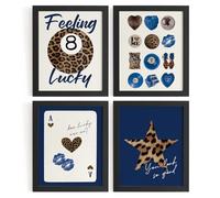 WXHUM Preppy Leopard Cheetah Print Room Decor Funny Trendy Navy Blue Lucky 8 Ball Posters Set of 4 Y2K Wall Art,Star Ace Card Maxinmalist Posters for Girl Room Apratment,8x10 inch Unframed