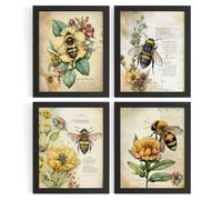 WXHUM Vintage Spring Floral Bumble Bee Wall Art Prints Set of 4, Rustic Farmhouse Cottagecore Botanical Honey Bee Floral Posters for Home Kitchen Bedroom Living Room, 8x10 inch Unframed