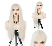 WXHWCX Daily Long White Blonde Synthetic Lace Front Wigs #60 Straight Heat Resistant Fiber Glueless Lace Wig for Women 24 Inch