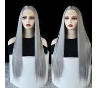 WXHWCX Synthetic Lace Wig Grey Free Part Straight Heat Resistant Glueless Lace Wig for Women Makeup Wig