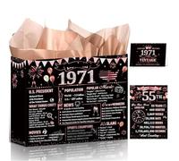 Wxiben 55th Birthday Gift Bag - 55th Birthday Decorations, Rose Gold Gift Wrapping Bag with Handles Greeting Card Poster Tissue Paper for 55 Years Old Women, Back in 1971 Party Decorations Supplies