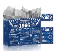 Wxiben 60th Birthday Gift Bag - 60th Birthday Decorations, Blue Silver Gift Wrapping Bag with Handles Tissue Paper Greeting Card Poster for 60 Year Old Women Men, Back in 1966 Party Decor Supplies