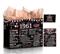 Wxiben 65th Birthday Gift Bag - 65th Birthday Decorations, Rose Gold Gift Wrapping Bag with Handles Greeting Card Poster Tissue Paper for 65 Years Old Women, Back in 1961 Party Decorations Supplies