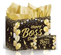 Wxiben Boss Day Gift Bag - Bosses Day Decorations, Black Gold Gift Wrapping Bag with Handles Greeting Card Tissue Paper for Men Women, Office Appreciation Party Favor Supplies