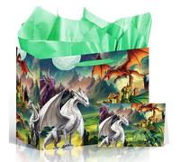 Wxiben Dragon Birthday Party Decorations - Dragon Theme Gift Bag, Party Favor Wrapping Bag with Handle Tissue Paper Greeting Card, Birthday Party Baby Shower Decorations Supplies