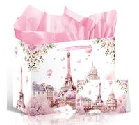 Wxiben Paris Themed Party Decorations - Eiffel Tower Gift Bag, Pink Flower Party Favor Wrapping Bag with Handle Tissue Paper Greeting Card, Birthday Baby Shower Decor Supplies for Women Girls