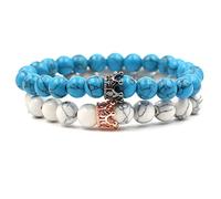 WXKAGF His and Her Bracelets for Couples, 2Pcs 8mm Turquoise Stone Crown Bracelet Mens Stretch Bead Bracelet 19CM