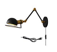 WXKAGF Long Arm Wall Lamp Retro with Switch and Plug, Adjustable Industrial Wall Lights Indoor Black with Brass Effect, Loft Style Reading Wall Sconces Vintage with Led Warm Light, Art Deco 4W,Size B
