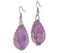WXKAGF pendants earrings Unique Copper Plated Wire Wrap Tree of Life Amethysts Stone Water Drop Earrings Rose Pink Quartz Jewelry gifts
