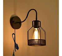WXKAGF Retro Living Room Wall Lamp with Switch, Black Industrial Wall Lights Indoor, E27 Vintage Bedroom Wall Sconce Wire Metal Cage, Antique Hallway Wall Lighting with 1.8M Cable