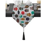 WXKAGF Table Runner, Decorative Owl with Leaves and Trees with Tassel, Cotton Table Runner, Long Table Decoration, Brown, Red, Green, 30 x 160 cm