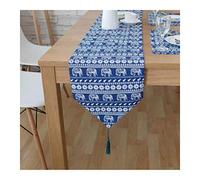 WXKAGF Table Runner, Decorative Vintage Mandala and Elephant with Tassel, Linen, Cotton Table Runner, Long Table Decoration, Dark Blue, 32 x 200 cm