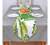 WXKAGF Table Runner Vintage Boho Banana Leaf Table Runner Green White Tablecloth for Kitchen Vintage Farmhouse Bohemian Wedding Tabletop Decoration Table Runner Cotton Linen 33 x 229 cm