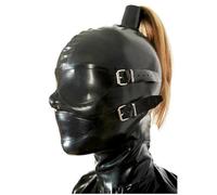 WXLPCGO Black Latex Hood Mask with Blond Ponytail Wig and Removable Blindfold and Mouth Piece Back Zipper Open Eyes Mouth Nose(Size:XXL-73CM)