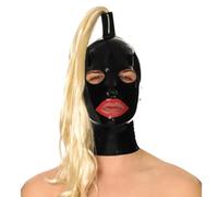 WXLPCGO Black Latex Hood with Ponytails All Inclusive Rubber Hood Back Zipper Handmade for Unisex Cosplay Club Wear(Size:L-68CM)