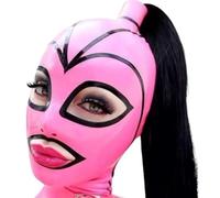 WXLPCGO Latex Head Cover Pink Black Stripe Latex Hood with Black Ponytail Wig Open Eyes Mouth with Back Zipper Unisex(Size:L-68CM)