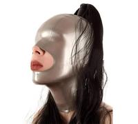 WXLPCGO Latex Hood Rubber Head Mask with Wigs Ponytails Halloween Full Face Mask Back Zipper Handmade for Unisex(Size:XXL-73CM)