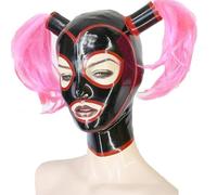 WXLPCGO Latex Hood Unisex Latex Head Cover Open Eyes Double Ponytail Back Zipper Handmade for Halloween Costumes Ball(Size:XL-70CM)