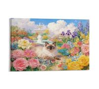 WXLWHR Birman Cat Canvas Wall Art Garden Flower Bush Printed on Canvas Modern Artwork for Living Room Office Decoration Gift 20x30inch(50x75cm)