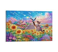 WXLWHR Birman Cat Canvas Wall Art Sunflowers Castle Printed on Canvas Modern Artwork for Living Room Office Wall Decor Gift 20x30inch(50x75cm)