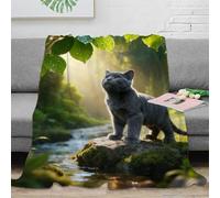 WXLWHR Blue Cat Fleece Throw Blanket for Couch Sofa Bed All Season Forest Green Leaves Print Blanket Fluffy Soft Cozy Flannel Presents for Girls Kids Adults 60x80inch(150x200cm)