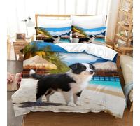 WXLWHR Border Collie Puppy Duvet Cover Set 3D Seaside Beach Print Bedding Set Soft Polyester Duvet Cover with Zipper & Pillow Cases for Teens And Adults Super King（260x220cm）