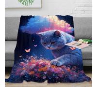 WXLWHR British Shorthair Cat Fleece Throw Blanket for Sofa Couch Bed All Season Blooms Pattern Blanket Fluffy Soft Warm Flannel Gifts for Girls Kids Adults 80x90inch(200x230cm)