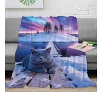 WXLWHR British Shorthair Cat Fleece Throw Blanket for Sofa Couch Bed All Season Snowy Lakeside Pattern Blanket Fluffy Soft Warm Flannel Gifts for Her Or Him 80x90inch(200x230cm)