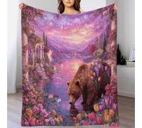 WXLWHR Brown Bear Fleece Throw Blanket for Couch Sofa Bed All Season Lakeside Flowers Pattern Blanket Soft Warm Cozy Flannel for Couple Wife Husband 80x90inch(200x230cm)